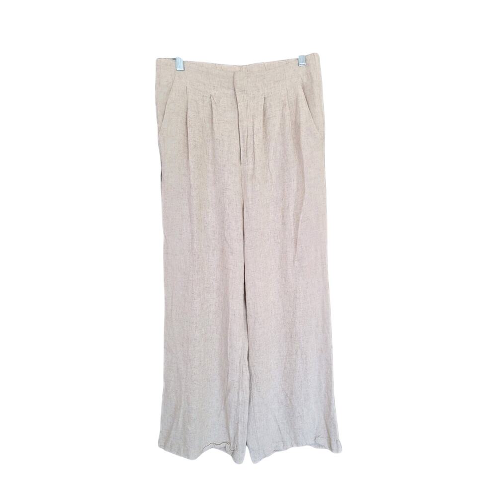 Hunter & Brown Linen Pants Size Medium Beige Elastic Pleated Waist Crop Pant